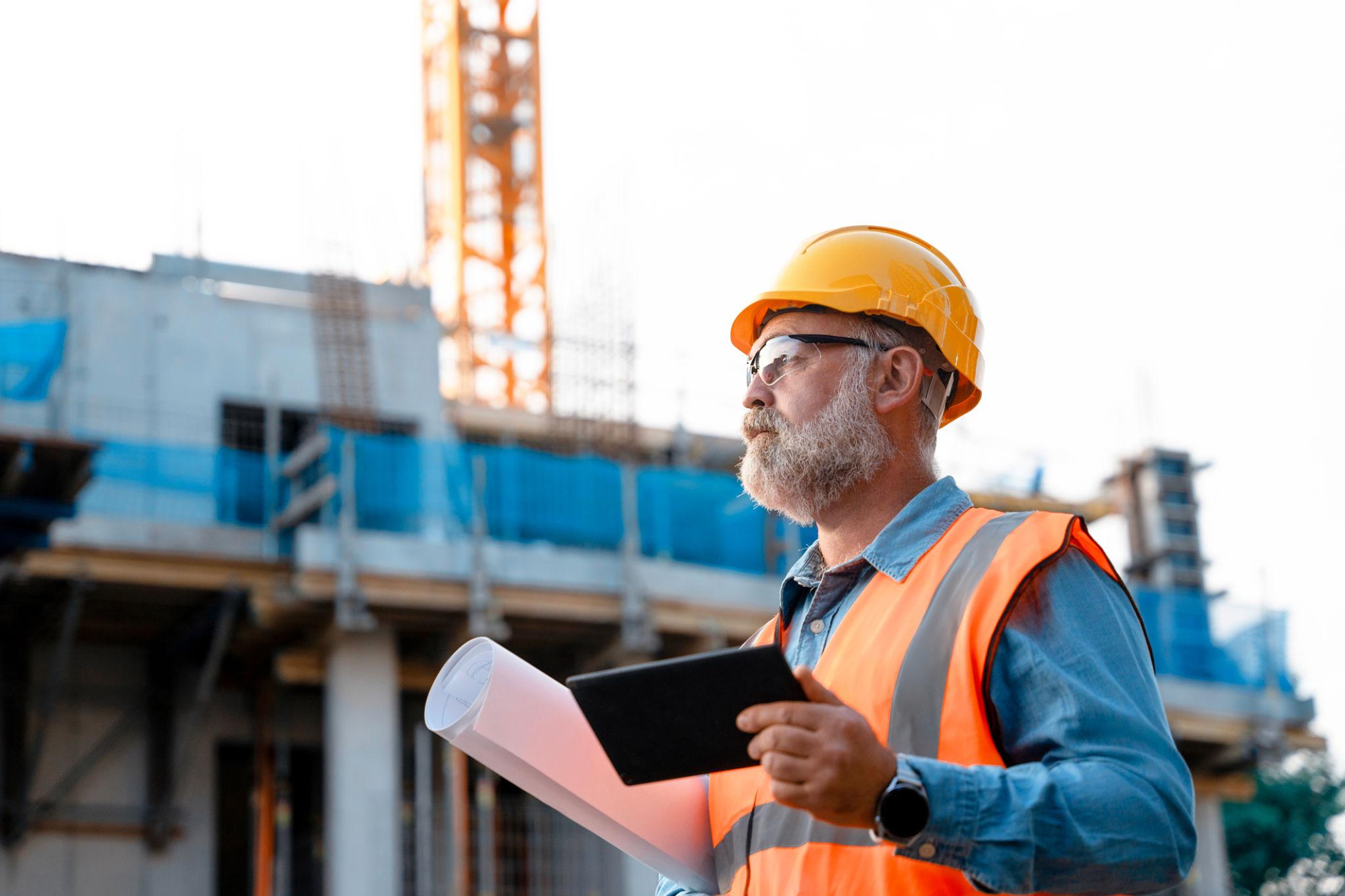 Site supervisor reviewing health and safety documentation on a construction site
